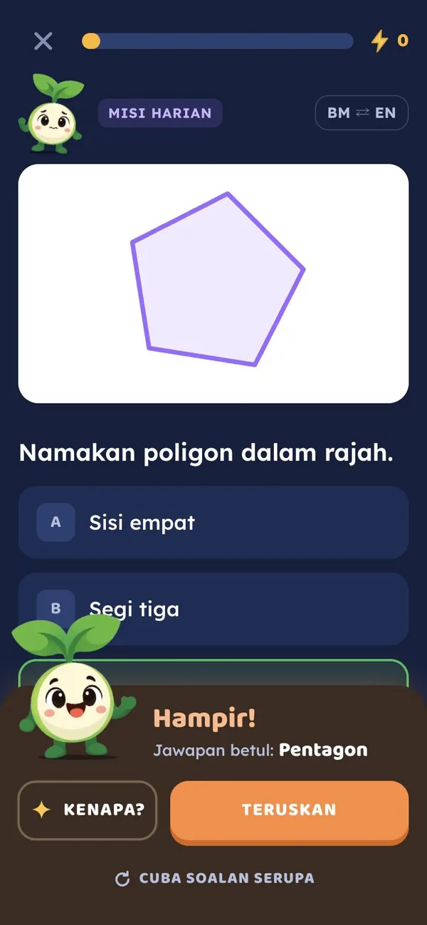 Jawapan salah: Hampir! dengan jawapan betul dan butang Kenapa